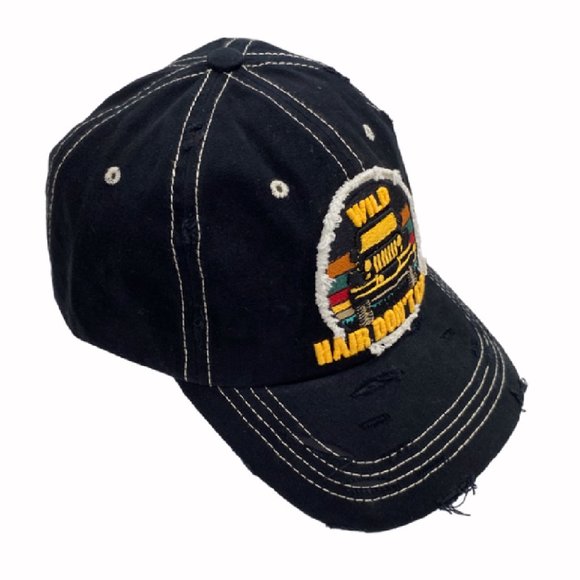 Off Road SUV Wild Hair Don’t Care Distressed Style Black Cap Hat - NEW Fast Ship - Picture 2 of 4